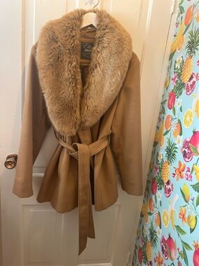 Ellabee Canada Camel Belted Trench Coat with Plush Fur Shawl Collar